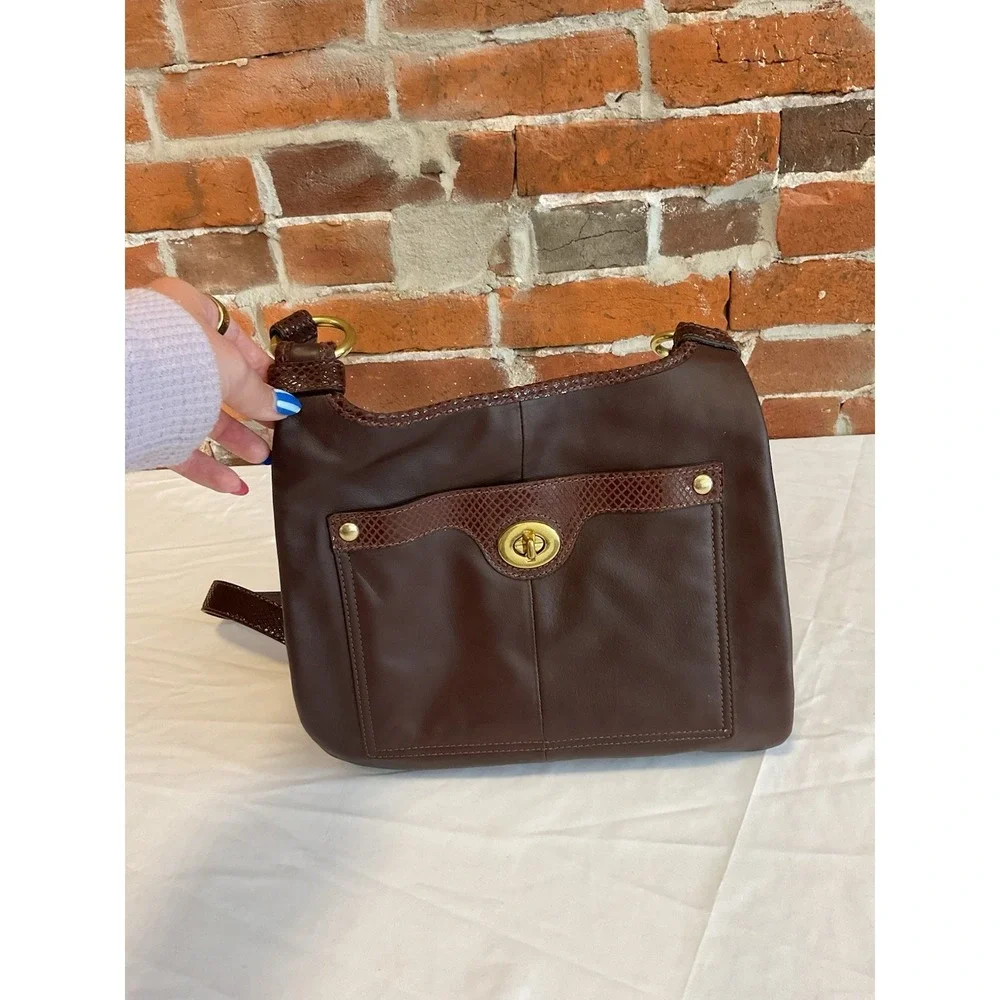 COACH Brown Leather Crossbody Bag Snake Embossed Trim Brass Hardware NWT $248